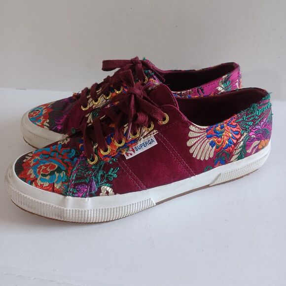 Superga Shoes - Superga 2750 Korelaw Mandarin Embroidered Satin Lace Up Sneakers Bordeaux Sz 40